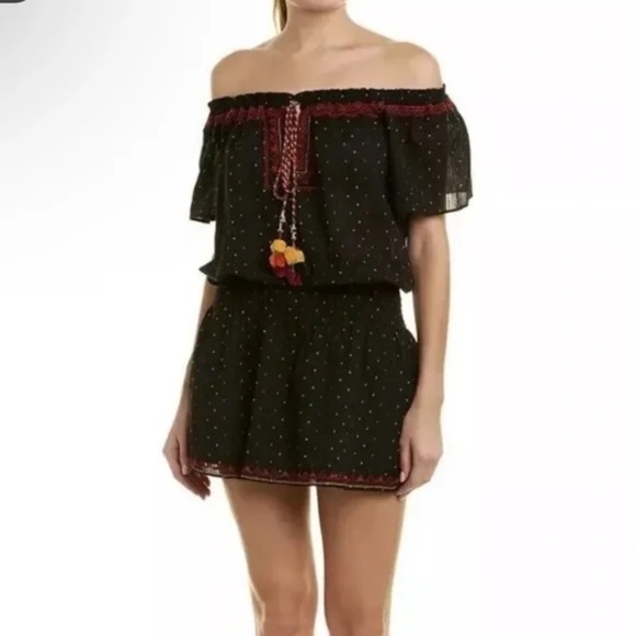Parker Embroidered Boho Mini Dress M Black Beach Cotton Smocked Waist Tassel Tie - Picture 1 of 11